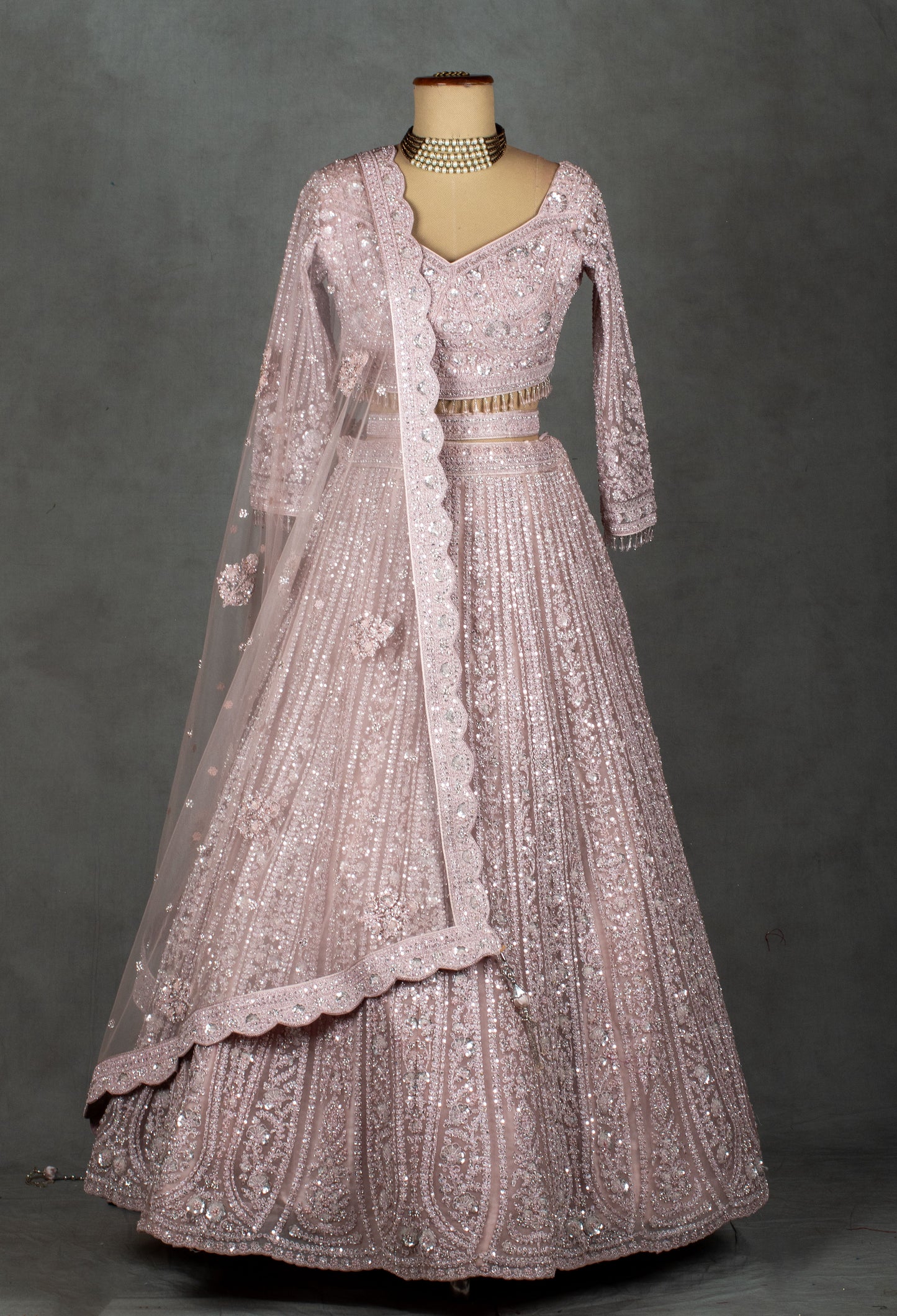 Blush Pink Sequin Embroidered Crop Top Lehenga Set with Net Dupatta