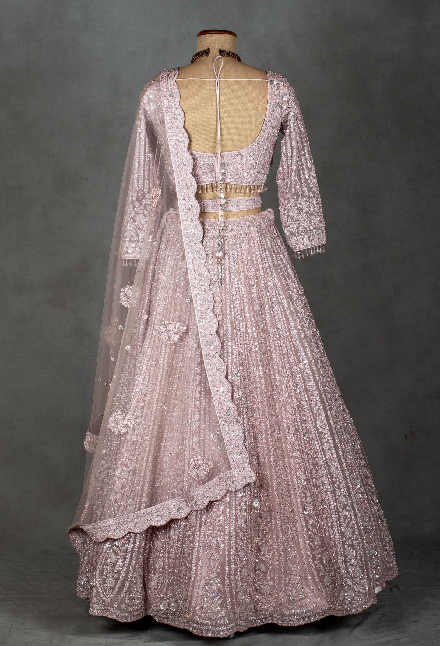 Blush Pink Sequin Embroidered Crop Top Lehenga Set with Net Dupatta