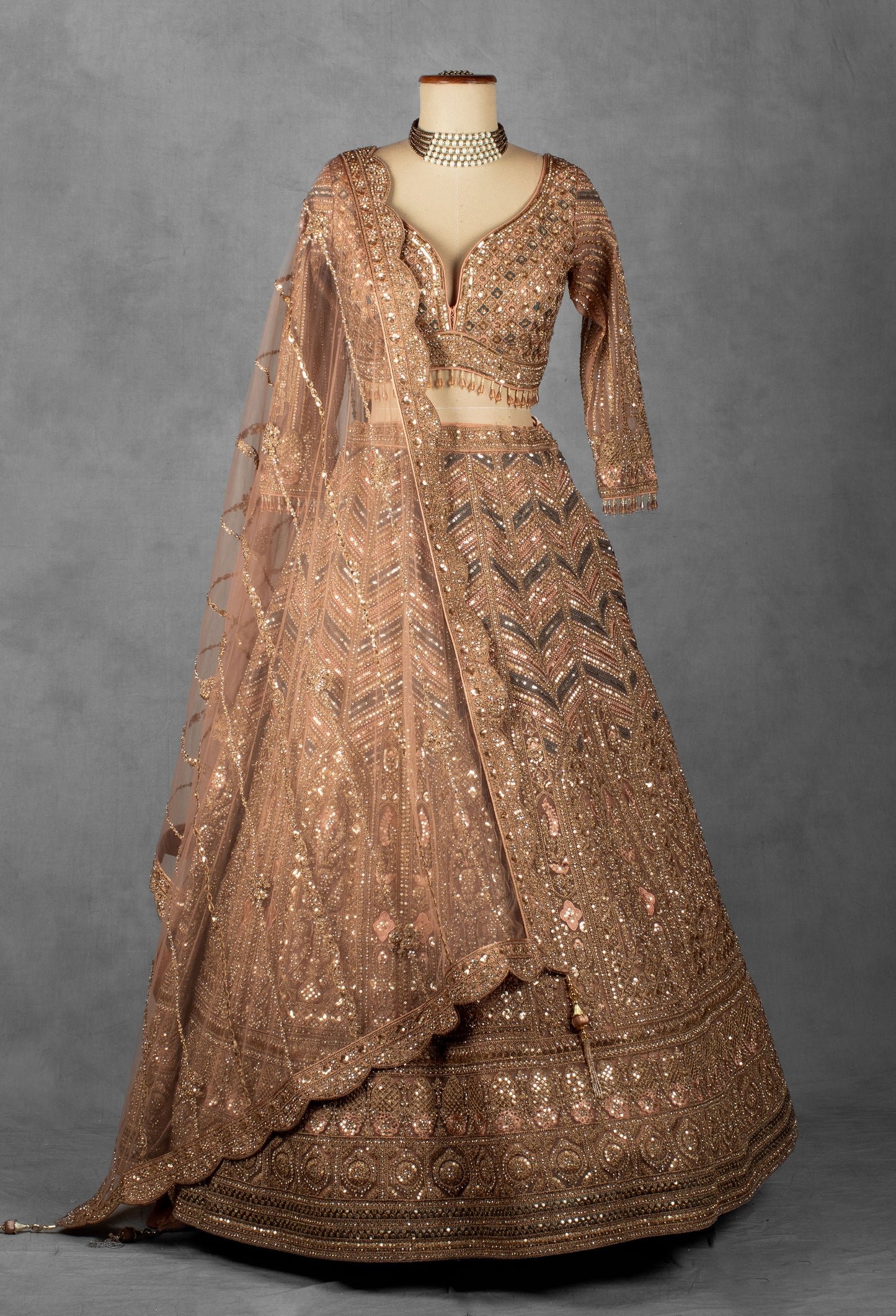 Wine Red Hand-Embroidered Bridal Crop Top Lehenga Set with Net Dupatta