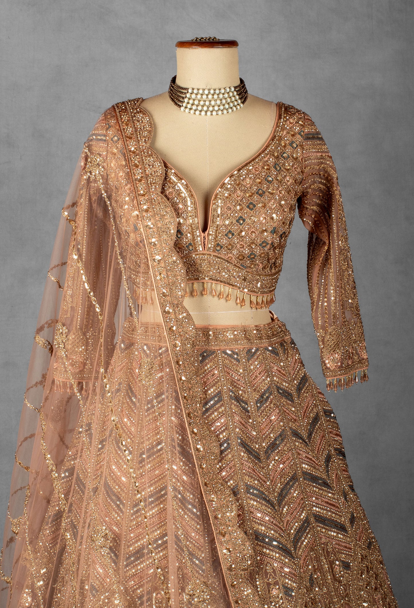 Wine Red Hand-Embroidered Bridal Crop Top Lehenga Set with Net Dupatta