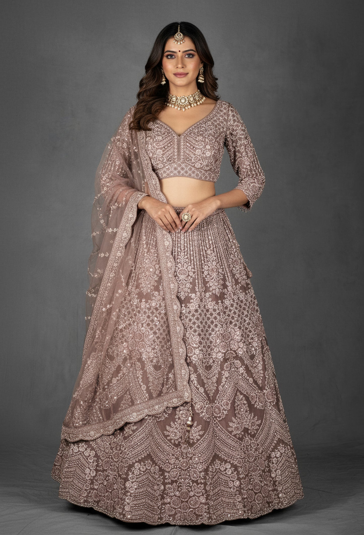 Dusty Mauve Hand-Embroidered Crop Top Lehenga Set with Net Dupatta