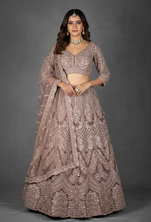 Dusty Mauve Hand-Embroidered Crop Top Lehenga Set with Net Dupatta