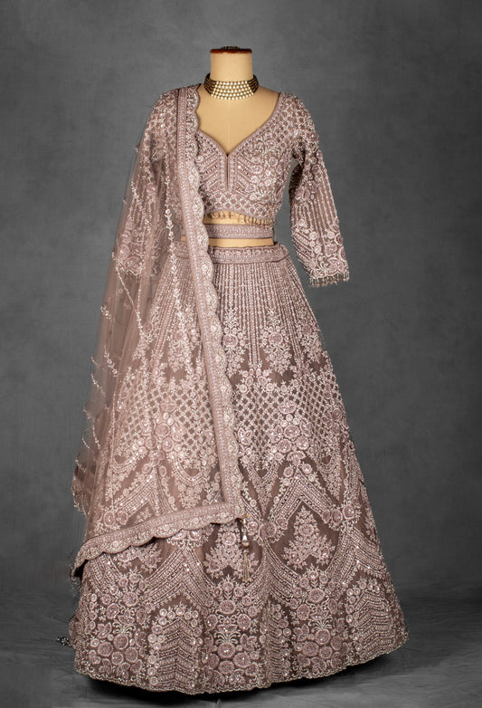 Dusty mauve hand-embroidered crop-top lehenga with net dupatta – product image 2