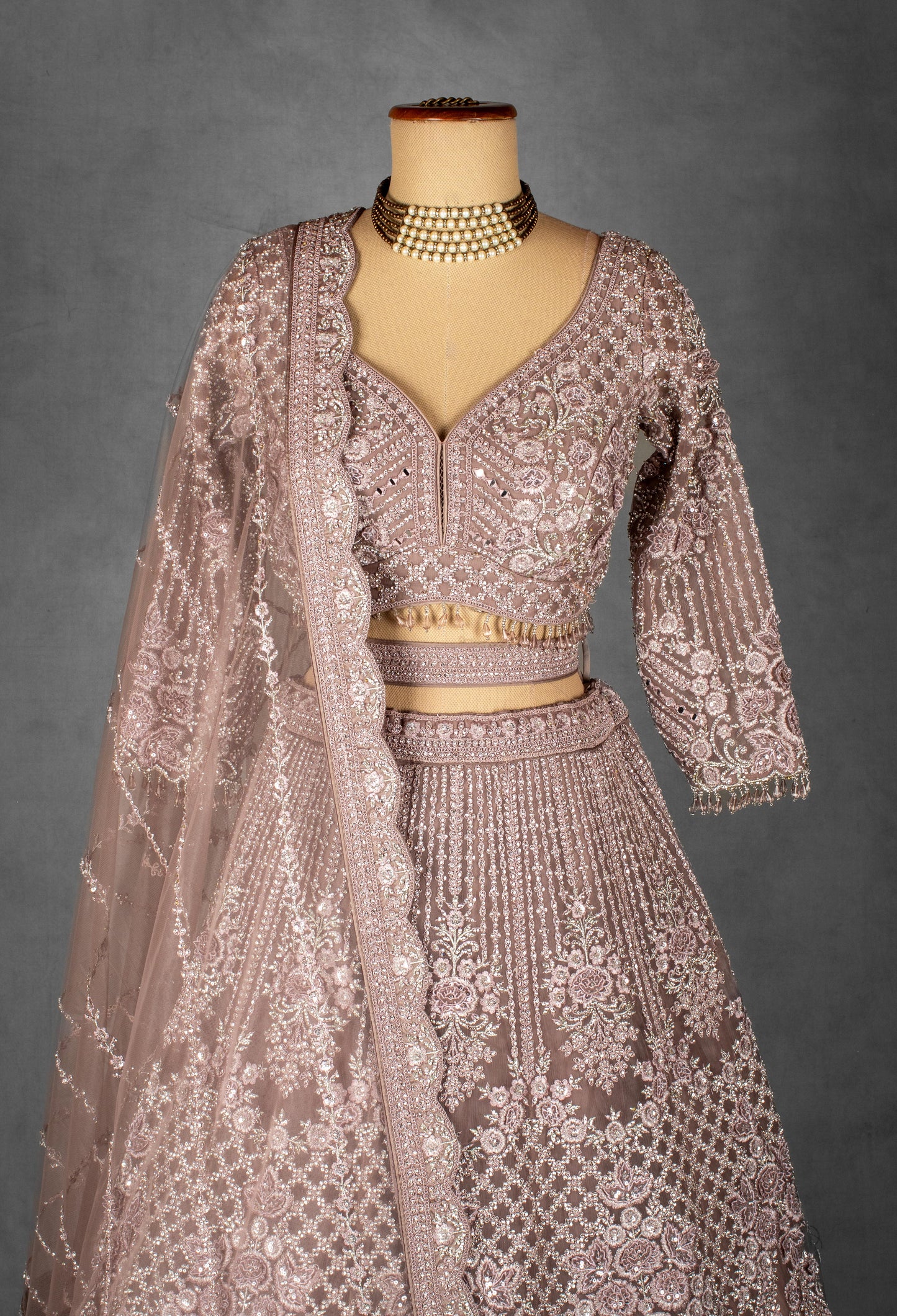 Dusty Mauve Hand-Embroidered Crop Top Lehenga Set with Net Dupatta