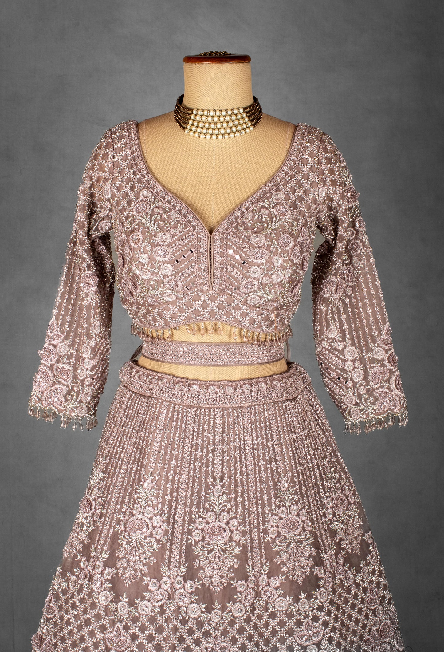 Dusty Mauve Hand-Embroidered Crop Top Lehenga Set with Net Dupatta