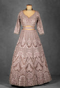 Dusty Mauve Hand-Embroidered Crop Top Lehenga Set with Net Dupatta