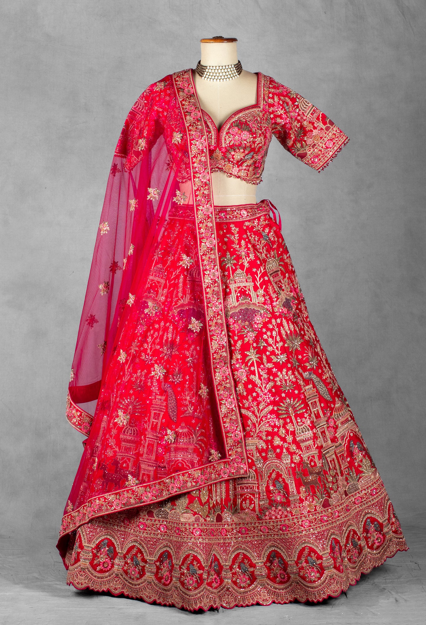 Bright Pink Heritage Embroidered Bridal Lehenga Set with Net Dupatta