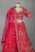 Bright Pink Heritage Embroidered Bridal Lehenga Set with Net Dupatta
