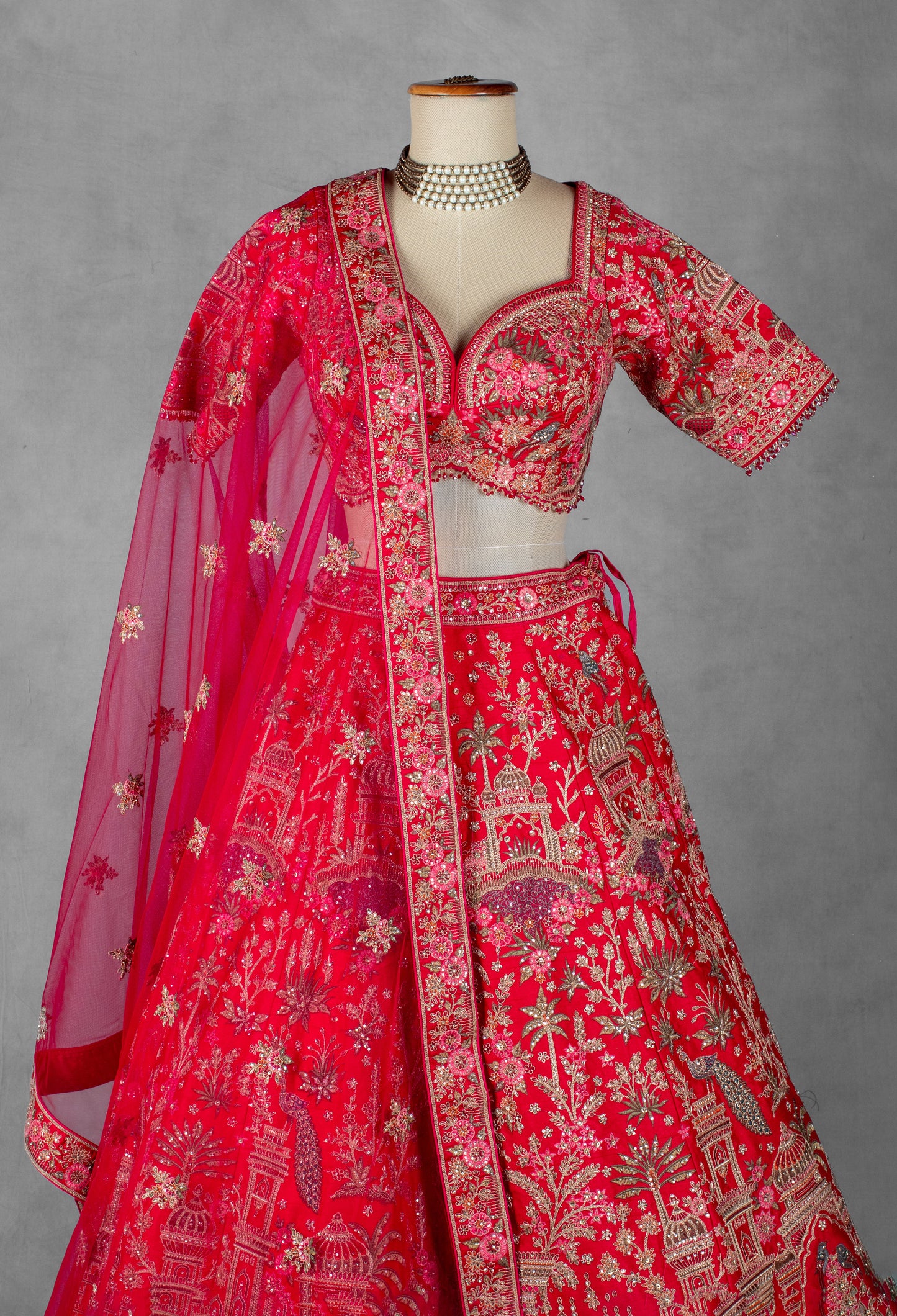 Bright Pink Heritage Embroidered Bridal Lehenga Set with Net Dupatta