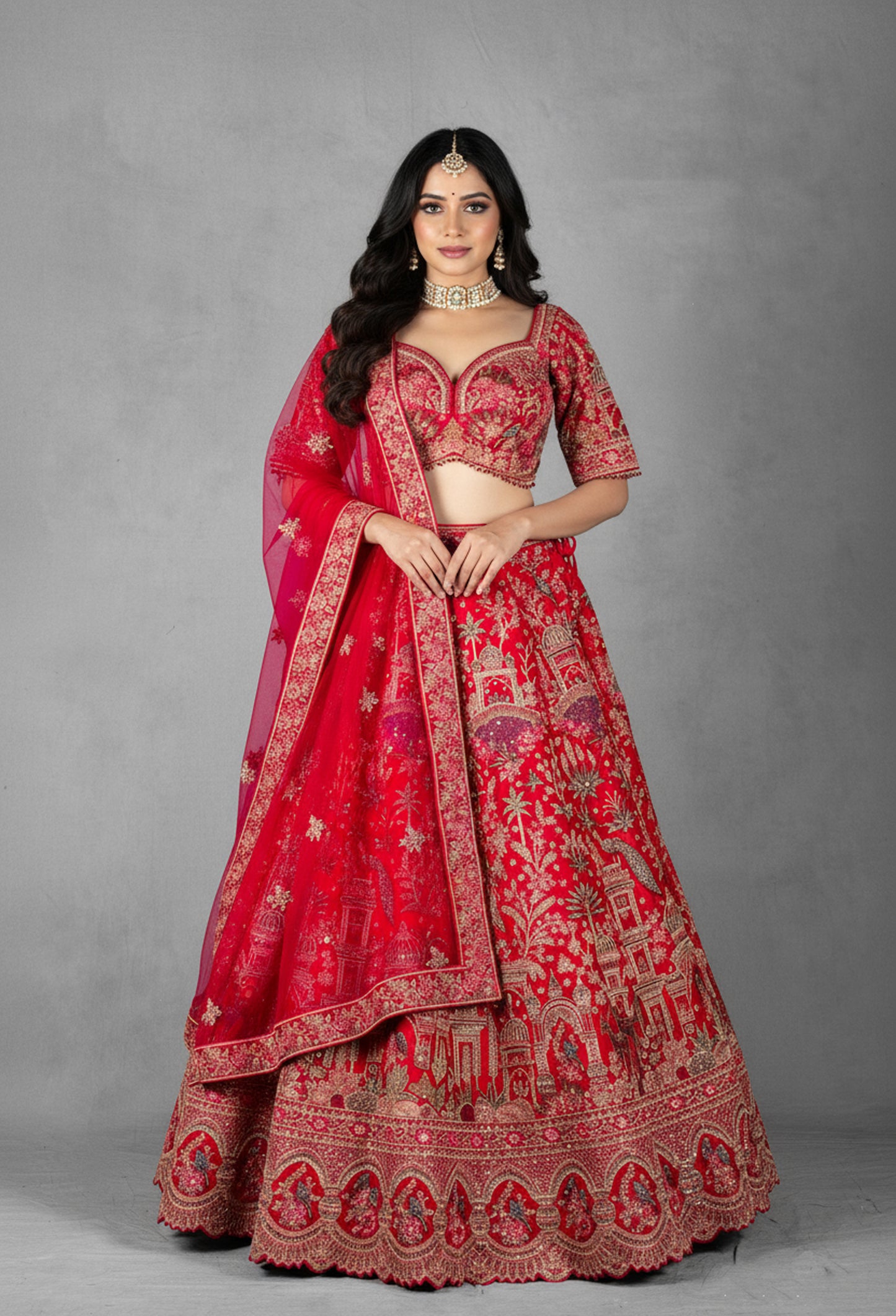 Bright Pink Heritage Embroidered Bridal Lehenga Set with Net Dupatta