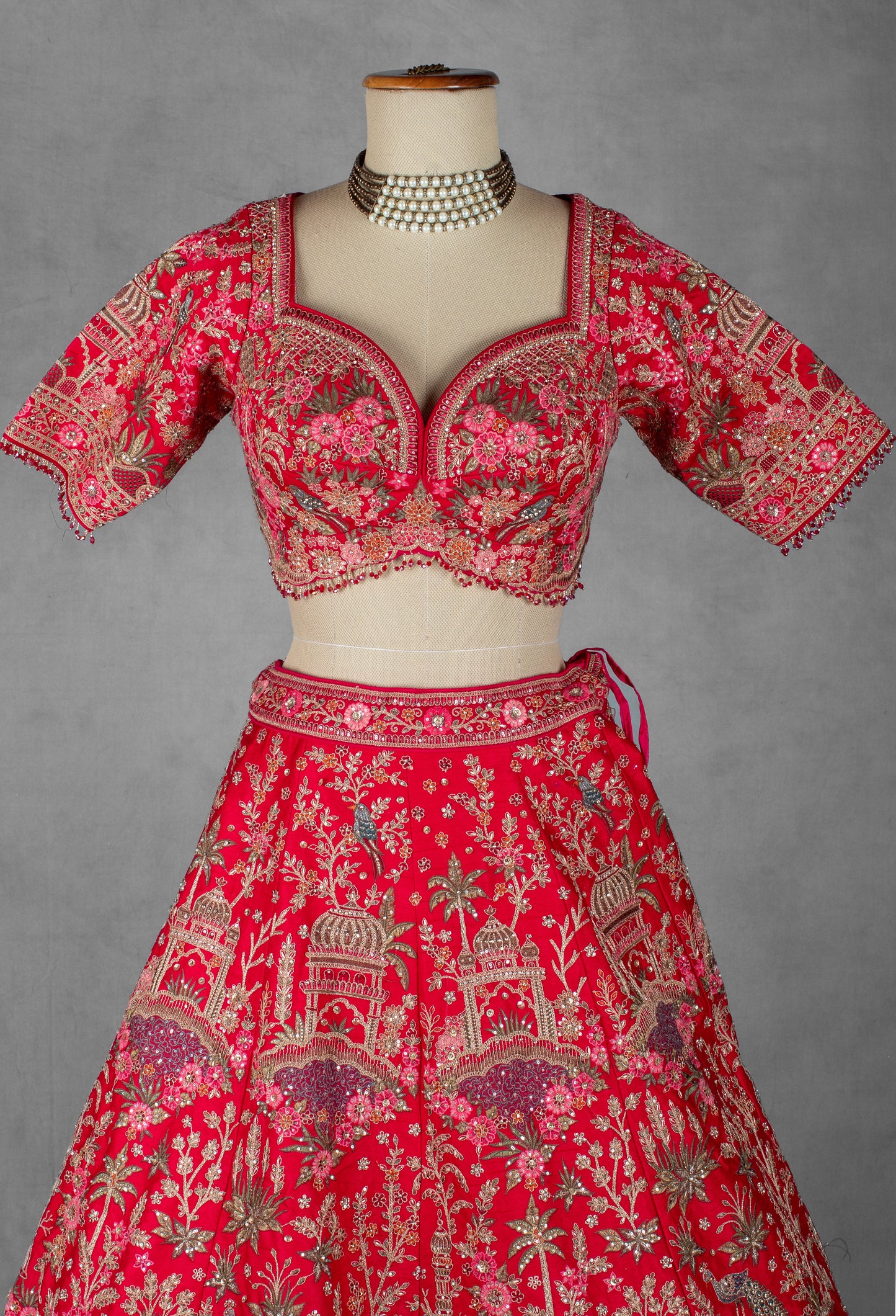 Bright Pink Heritage Embroidered Bridal Lehenga Set with Net Dupatta