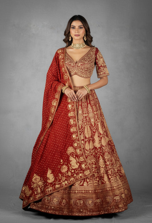 Rust Red Banarasi Silk Handwoven Bridal Lehenga Set with Zari Embroidery & Dupatta