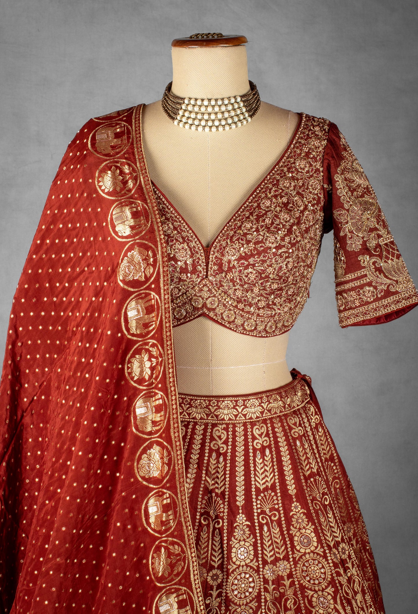 Rust Red Banarasi Silk Handwoven Bridal Lehenga Set with Zari Embroidery & Dupatta