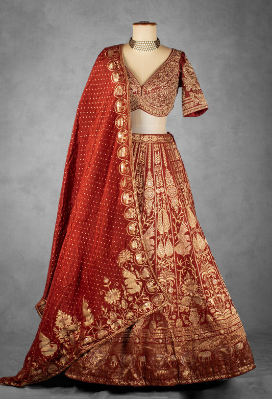 Rust red Banarasi silk bridal lehenga with zari embroidery – product image 2