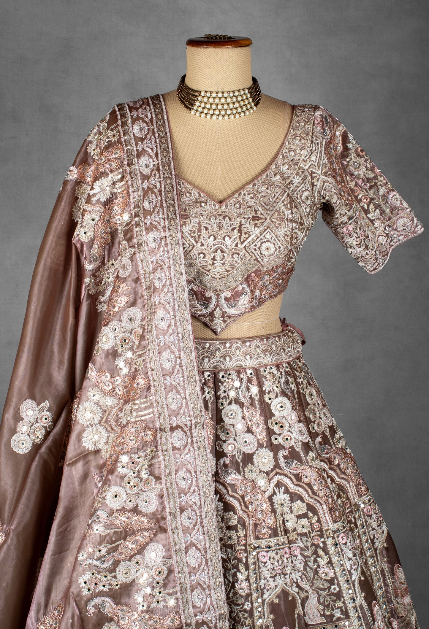 Dusty Rose Heritage Embroidered Crop Top Lehenga Set with Dupatta