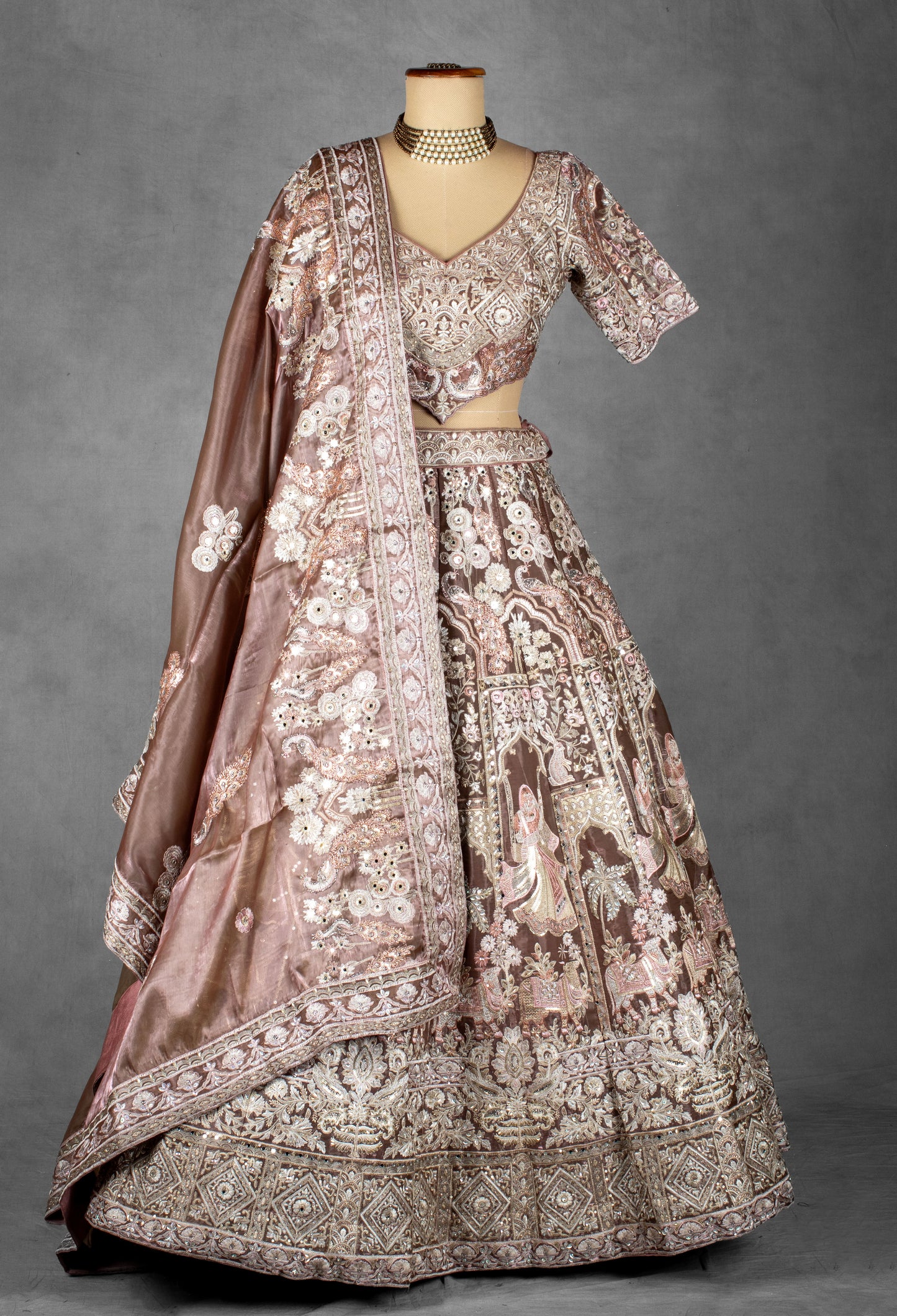 Dusty Rose Heritage Embroidered Crop Top Lehenga Set with Dupatta
