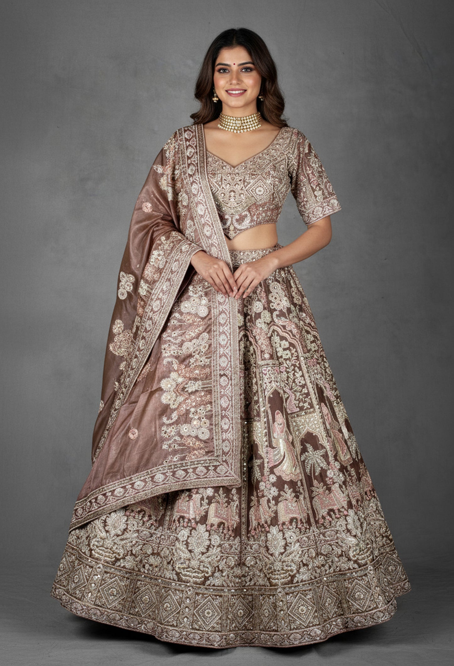 Dusty Rose Heritage Embroidered Crop Top Lehenga Set with Dupatta