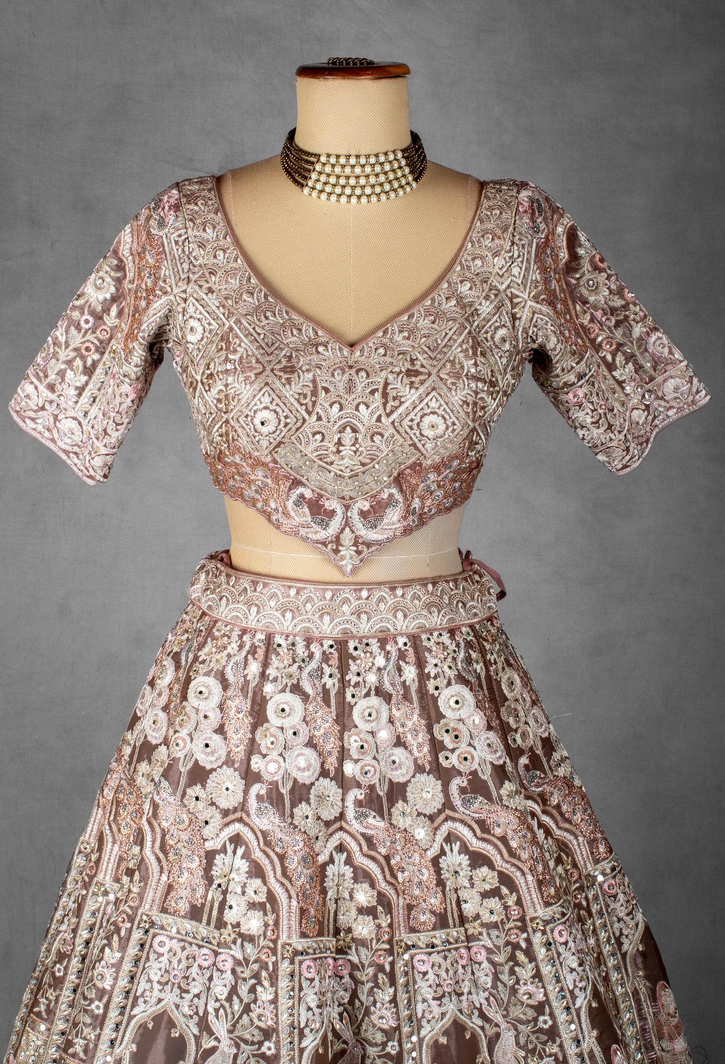 Dusty Rose Heritage Embroidered Crop Top Lehenga Set with Dupatta