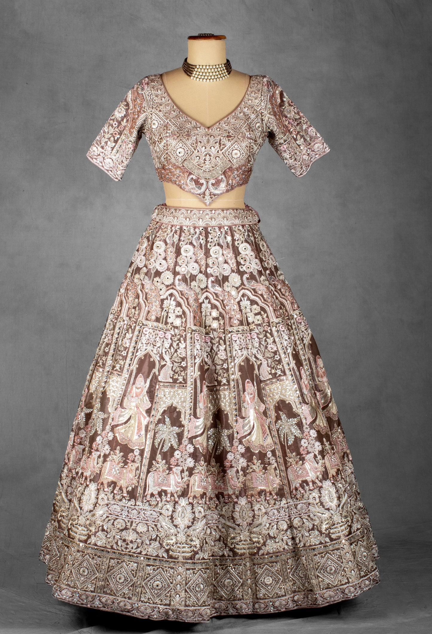 Dusty Rose Heritage Embroidered Crop Top Lehenga Set with Dupatta