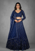 Navy Blue Sequin Embroidered Crop Top Lehenga Set with Net Dupatta