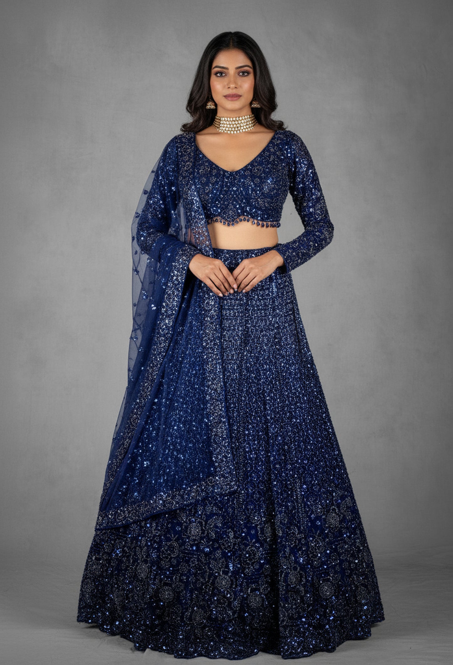 Navy Blue Sequin Embroidered Crop Top Lehenga Set with Net Dupatta
