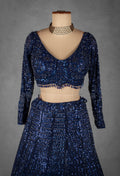 Navy Blue Sequin Embroidered Crop Top Lehenga Set with Net Dupatta