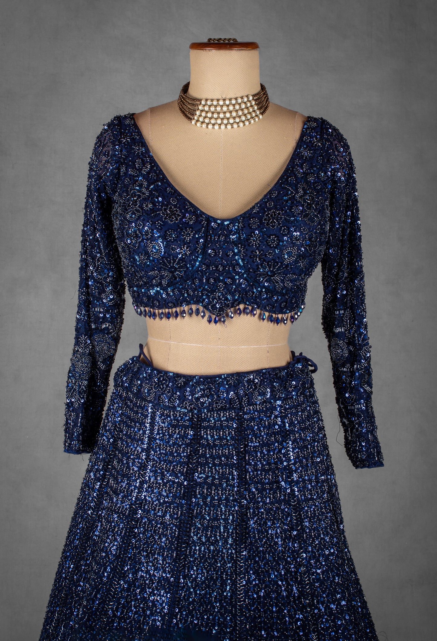 Navy Blue Sequin Embroidered Crop Top Lehenga Set with Net Dupatta