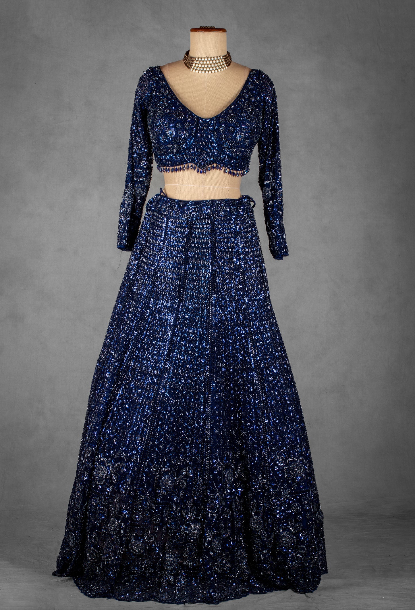 Navy Blue Sequin Embroidered Crop Top Lehenga Set with Net Dupatta