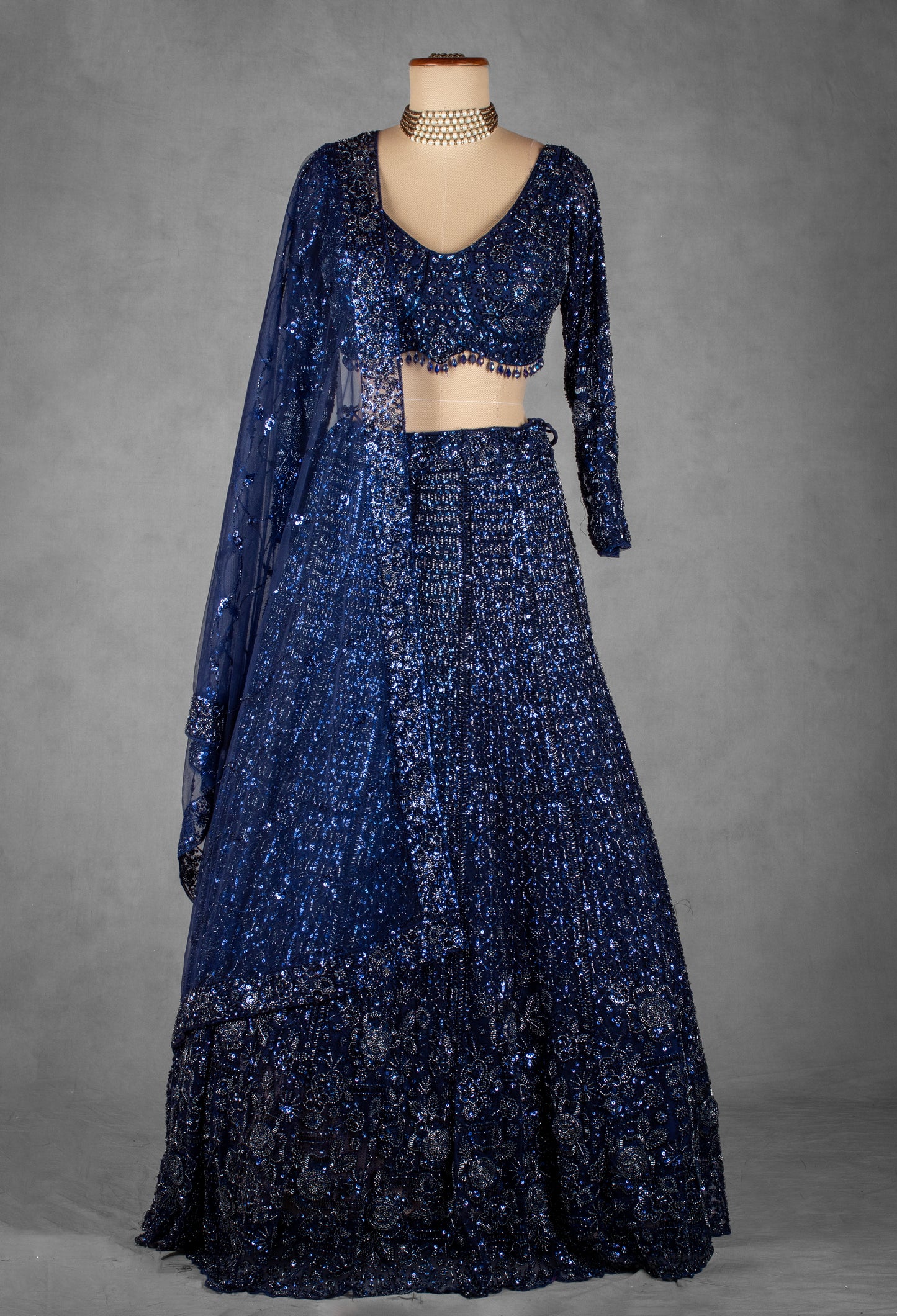 Navy Blue Sequin Embroidered Crop Top Lehenga Set with Net Dupatta