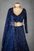 Navy Blue Sequin Embroidered Crop Top Lehenga Set with Net Dupatta