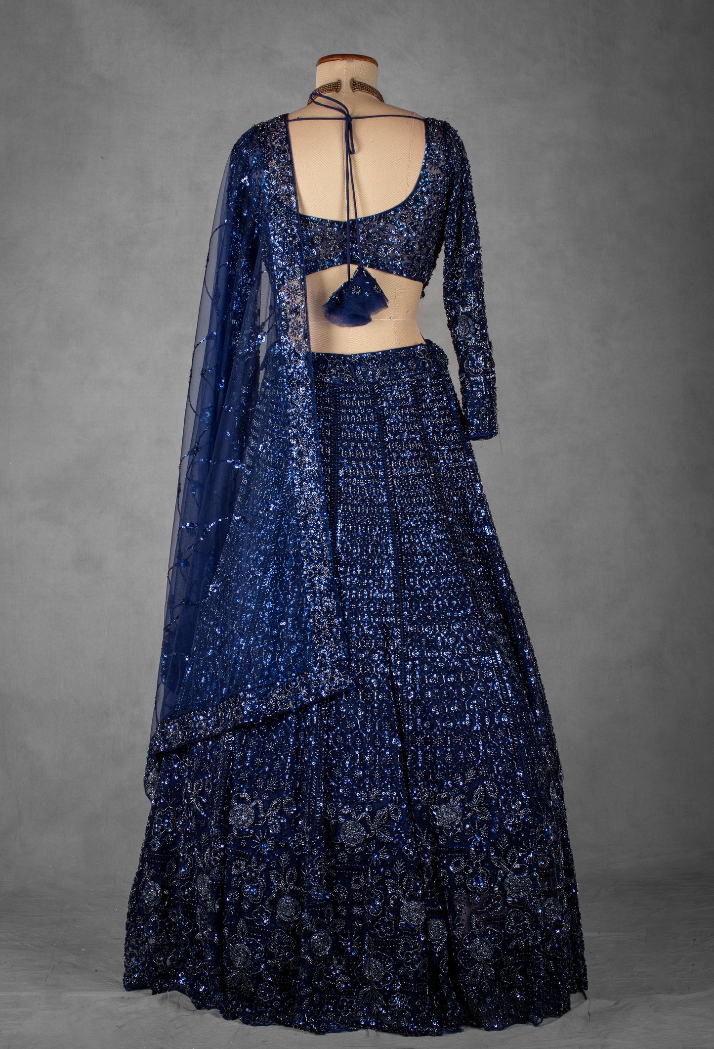 Navy Blue Sequin Embroidered Crop Top Lehenga Set with Net Dupatta