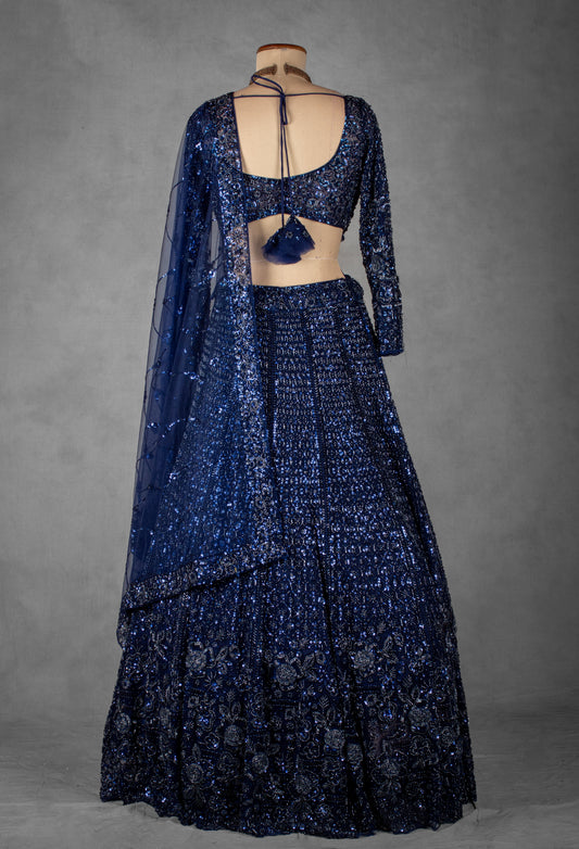 Navy blue sequin embroidered lehenga with full-sleeve crop top – product image 2