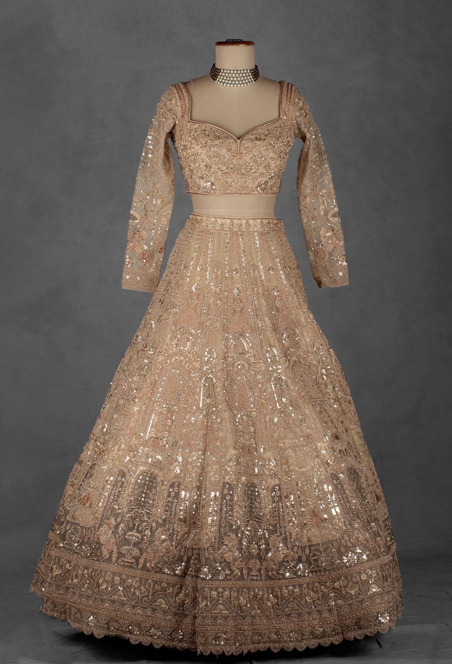 Champagne Gold Zardozi Embroidered Bridal Lehenga Set with Net Dupatta