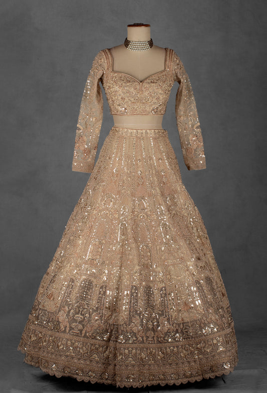 Champagne gold zardozi embroidered bridal lehenga set with net dupatta – alternate view 2
