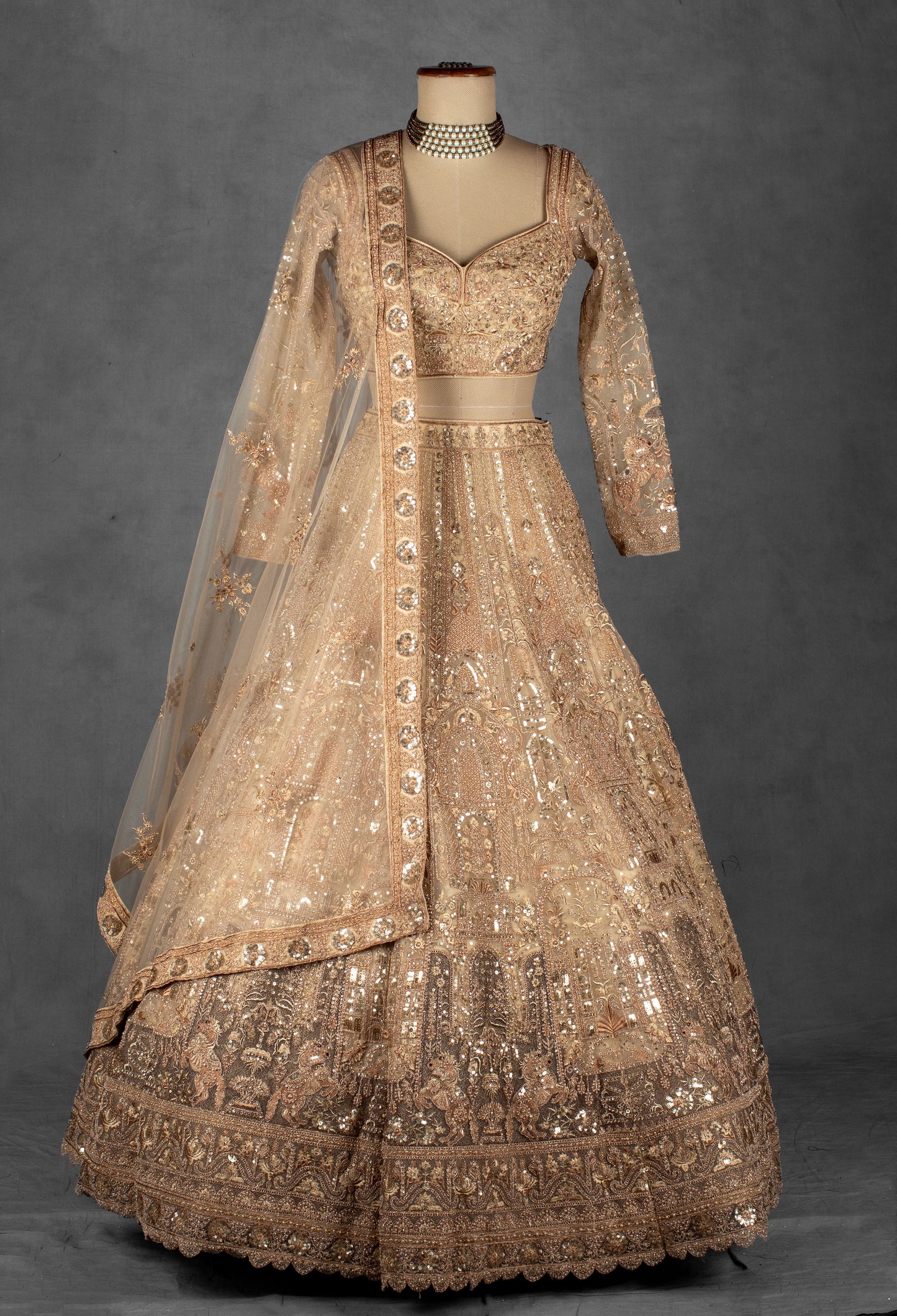 Champagne Gold Zardozi Embroidered Bridal Lehenga Set with Net Dupatta