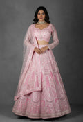 Baby Pink Mirror & Sequin Embroidered Crop Top Lehenga Set with Net Dupatta