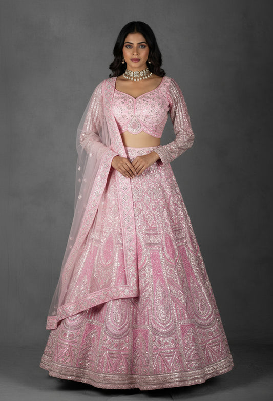 Baby Pink Mirror & Sequin Embroidered Crop Top Lehenga Set with Net Dupatta