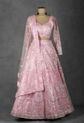 Baby Pink Mirror & Sequin Embroidered Crop Top Lehenga Set with Net Dupatta