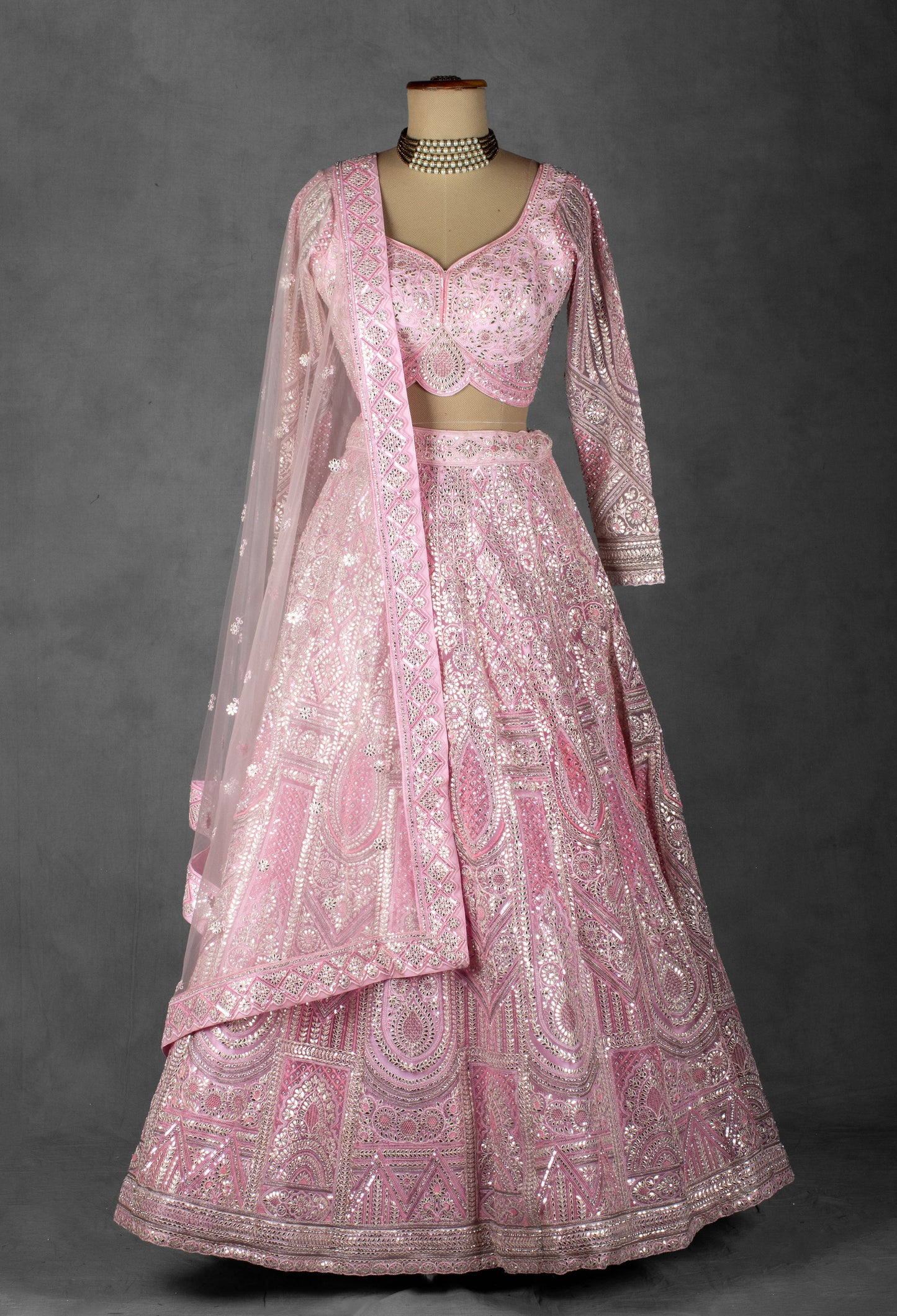 Baby Pink Mirror & Sequin Embroidered Crop Top Lehenga Set with Net Dupatta