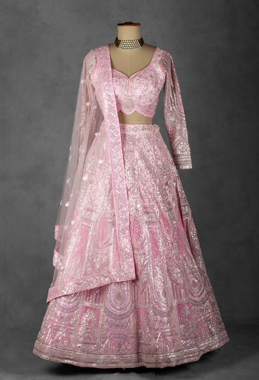 Baby pink mirror and sequin embroidered lehenga with net dupatta – product image 2