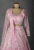 Baby Pink Mirror & Sequin Embroidered Crop Top Lehenga Set with Net Dupatta