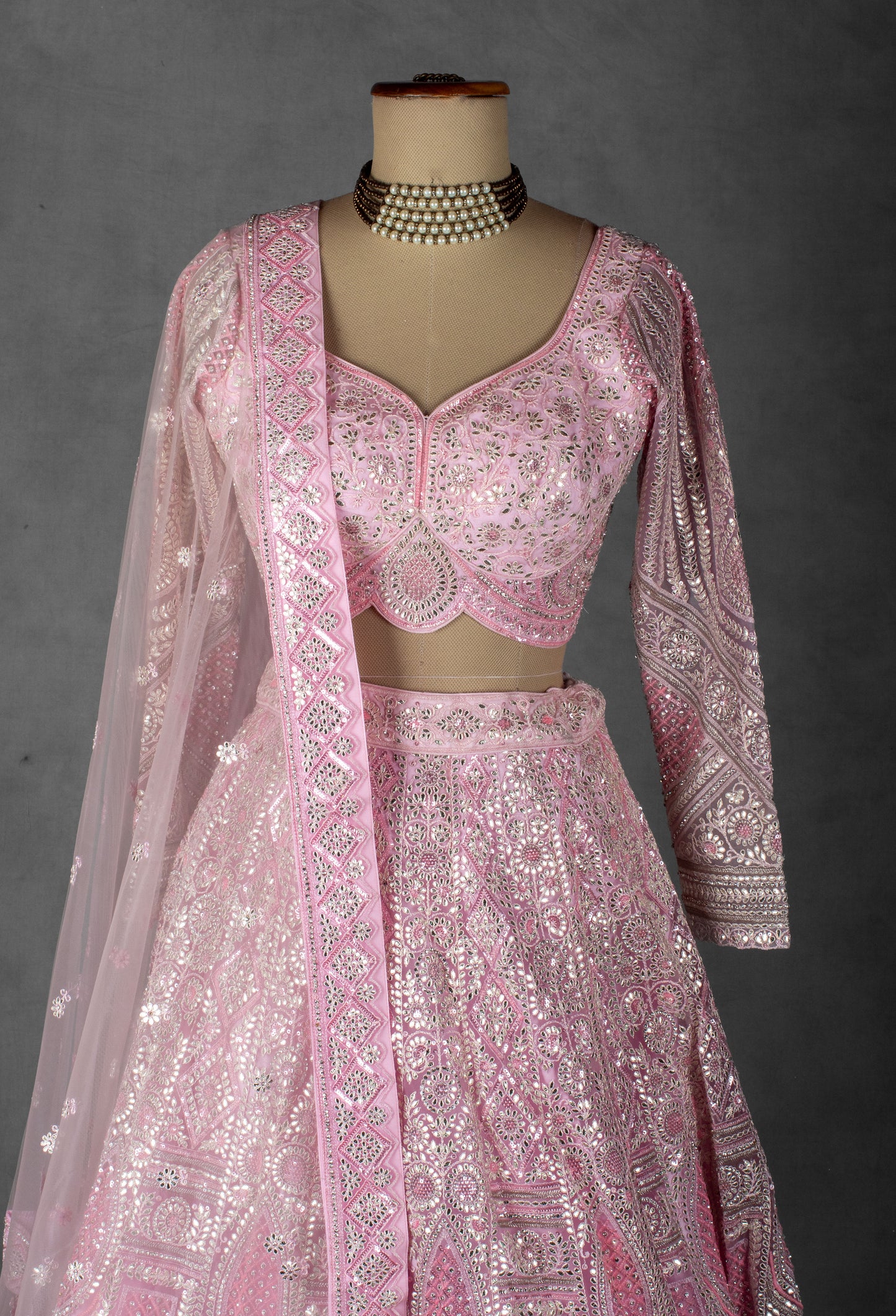 Baby Pink Mirror & Sequin Embroidered Crop Top Lehenga Set with Net Dupatta