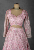Baby Pink Mirror & Sequin Embroidered Crop Top Lehenga Set with Net Dupatta