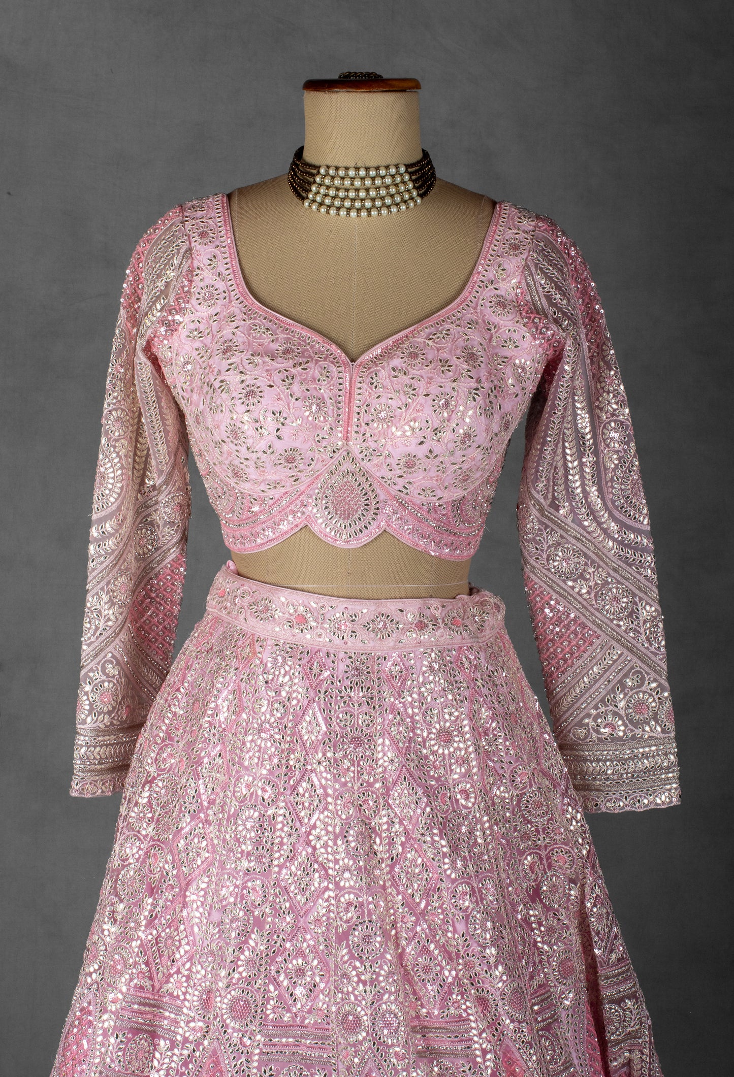 Baby Pink Mirror & Sequin Embroidered Crop Top Lehenga Set with Net Dupatta