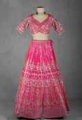 Fuchsia Pink Mirror & Sequin Embroidered Crop Top Lehenga Set with Net Dupatta