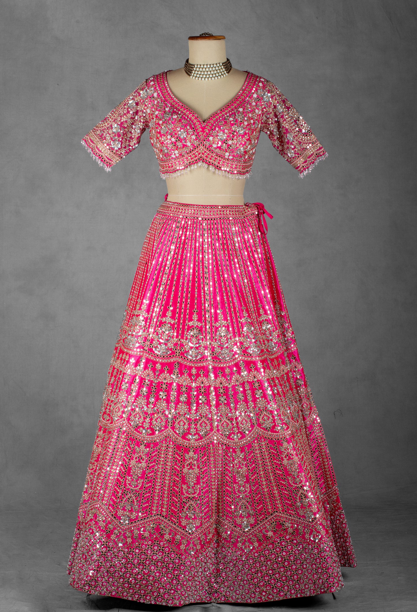 Fuchsia Pink Mirror & Sequin Embroidered Crop Top Lehenga Set with Net Dupatta