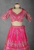 Fuchsia Pink Mirror & Sequin Embroidered Crop Top Lehenga Set with Net Dupatta