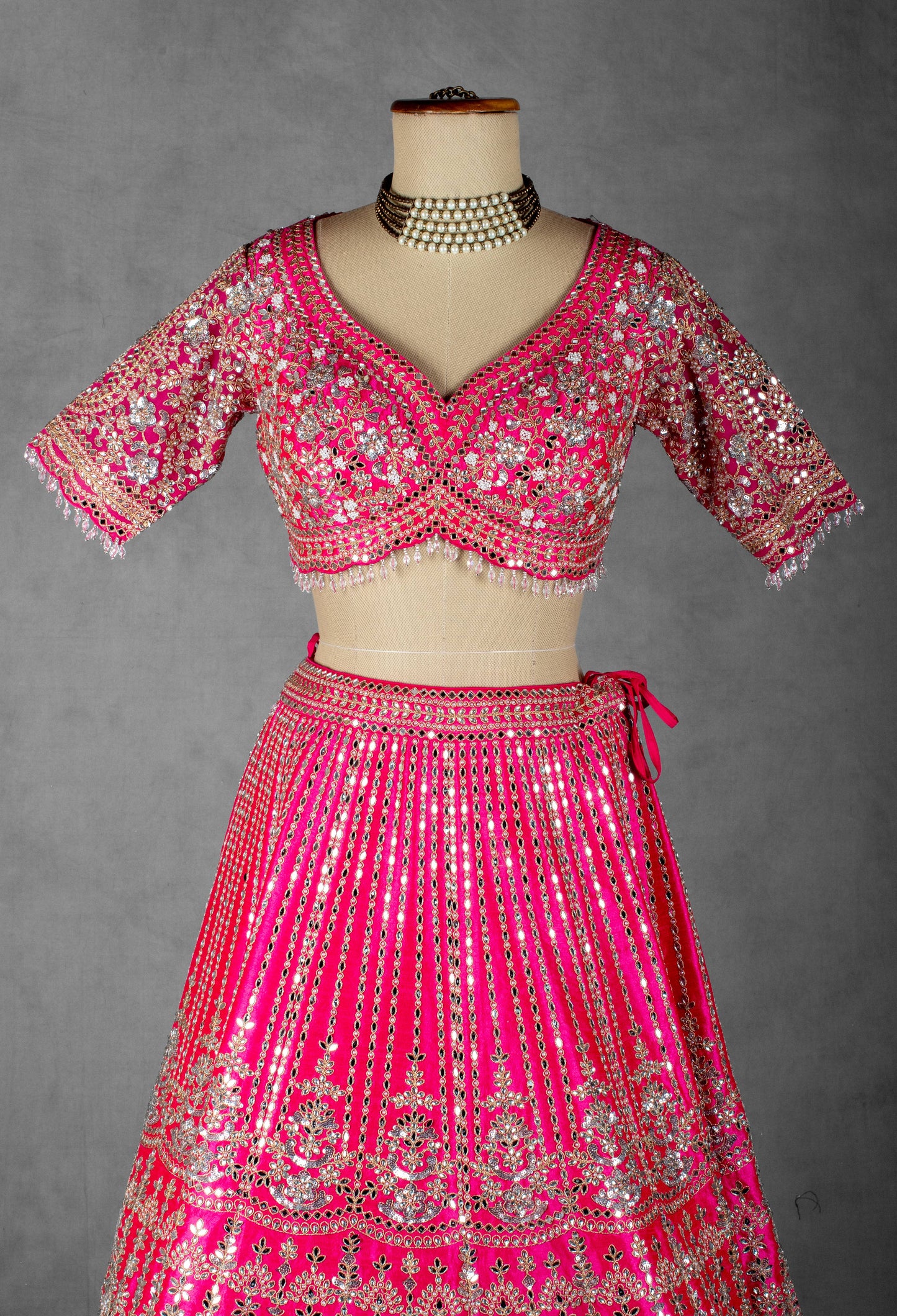 Fuchsia Pink Mirror & Sequin Embroidered Crop Top Lehenga Set with Net Dupatta