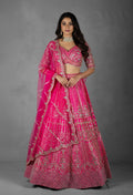 Fuchsia Pink Mirror & Sequin Embroidered Crop Top Lehenga Set with Net Dupatta