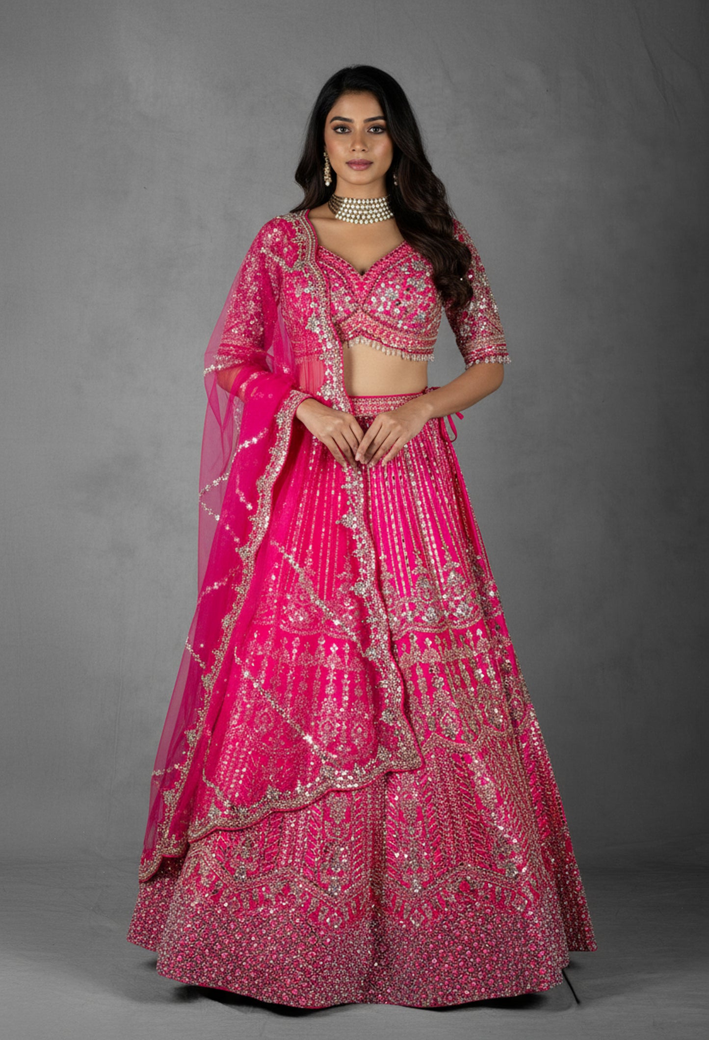 Fuchsia Pink Mirror & Sequin Embroidered Crop Top Lehenga Set with Net Dupatta